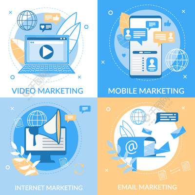 明亮的海报视频电子邮件营销互联网。横幅是书面移动营销。生产和销售产品,基于使用视频、移动和互联网的商品和服务市场研究需求。